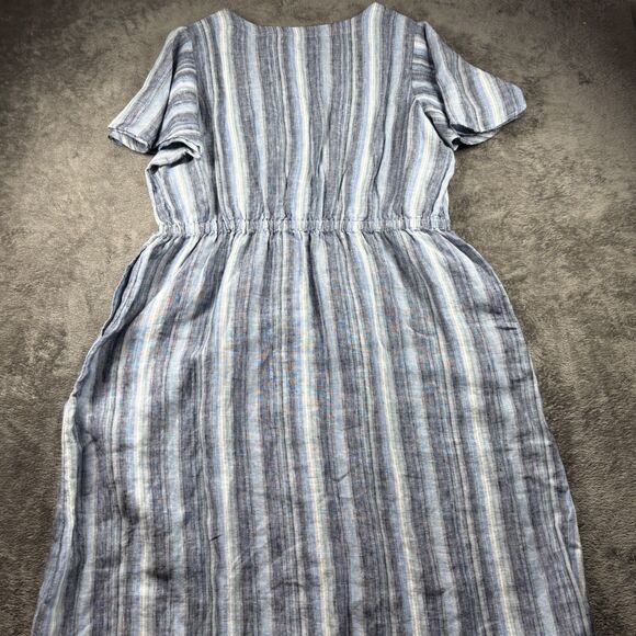 Lands' End Women Linen Sweetheart Button Front Midi Dress Blue Stripe Large G273 - Picture 5 of 11